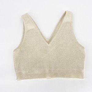 Cordera Womens Beige Sleeveless V Neck Ribbed Long Knit Cropped Top One Size